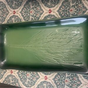 Vintage Kay Wayne Studio art pottery serving tray with a green pine needle motif